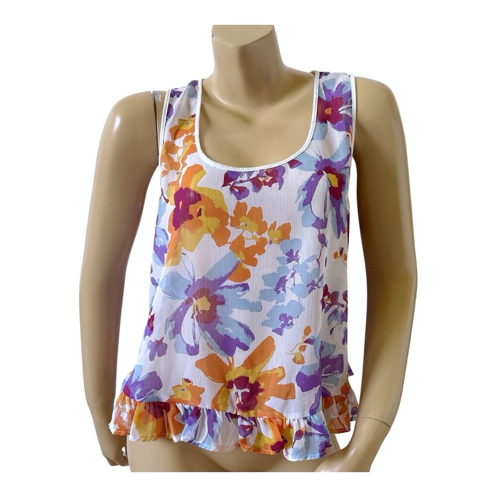 Derek Heart Tank Top Womens Size Large Floral Ruffle Hem Sheer Sleeveless Crop